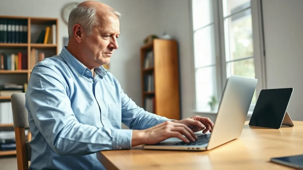 British investor reviewing recovered Bitcoin on a laptop in a home office