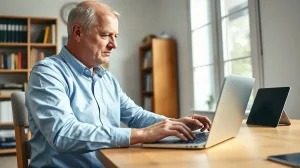 British investor reviewing recovered Bitcoin on a laptop in a home office