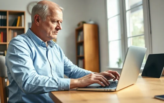British investor reviewing recovered Bitcoin on a laptop in a home office