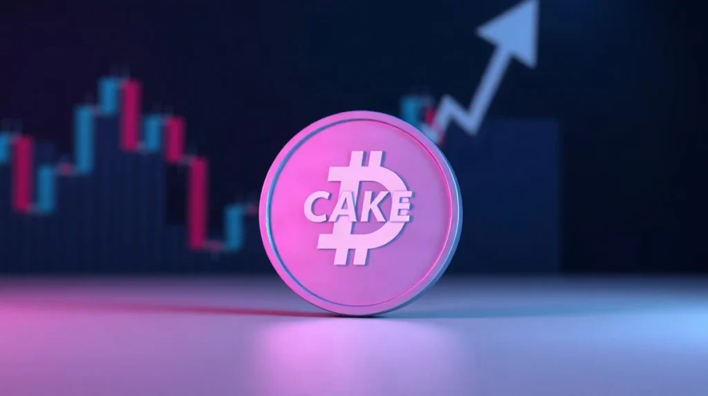 CAKE token digital representation near rising price charts, symbolizing the recent rally and deflationary burn.