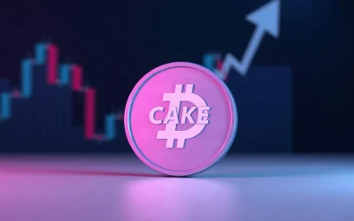 CAKE token digital representation near rising price charts, symbolizing the recent rally and deflationary burn.