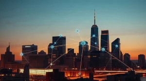 Digital blockchain network overlay on a financial district skyline at dusk, representing XRP's institutional adoption
