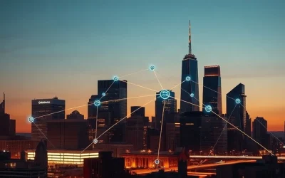 Digital blockchain network overlay on a financial district skyline at dusk, representing XRP's institutional adoption