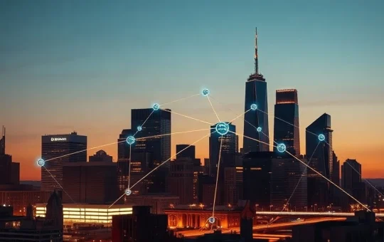 Digital blockchain network overlay on a financial district skyline at dusk, representing XRP's institutional adoption