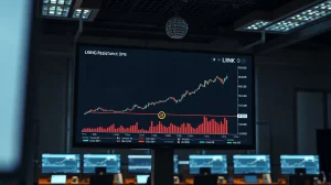Chainlink LINK price chart showing breakout above $9 resistance in a trading room