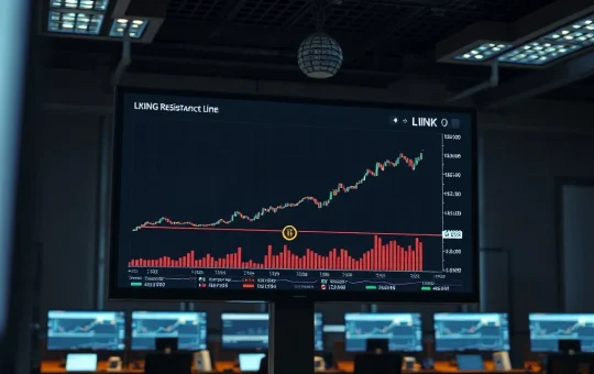 Chainlink LINK price chart showing breakout above $9 resistance in a trading room