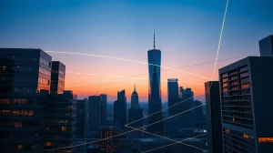 Financial district skyline at dusk with glowing network lines representing Chainlink's institutional adoption