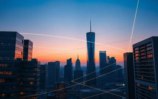 Financial district skyline at dusk with glowing network lines representing Chainlink's institutional adoption