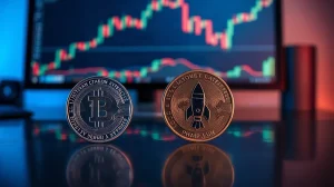 Chainlink and Pump.fun tokens on a reflective surface with a trading chart in the background