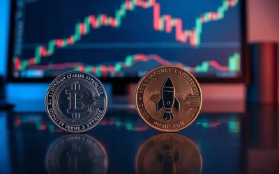 Chainlink and Pump.fun tokens on a reflective surface with a trading chart in the background
