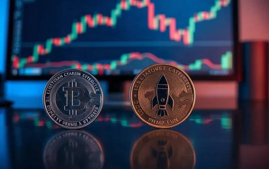 Chainlink and Pump.fun tokens on a reflective surface with a trading chart in the background