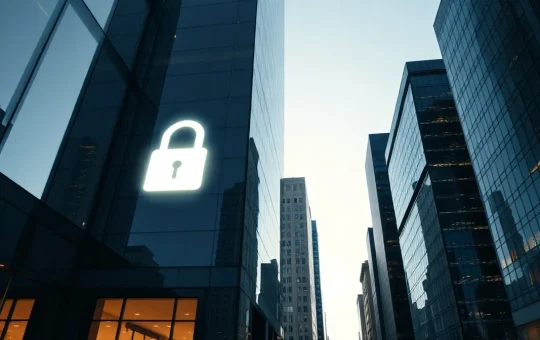 Digital padlock on a modern skyscraper representing crypto financial privacy research