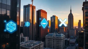 Wall Street skyline with digital blockchain network overlays representing institutional crypto adoption