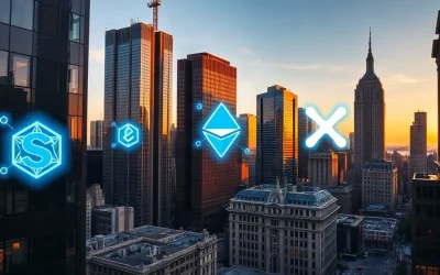 Wall Street skyline with digital blockchain network overlays representing institutional crypto adoption