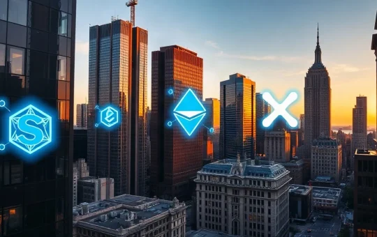 Wall Street skyline with digital blockchain network overlays representing institutional crypto adoption