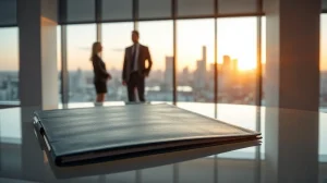 A blue patent folder with blockchain network design on a glass table in a modern office, with blurred professionals in background.