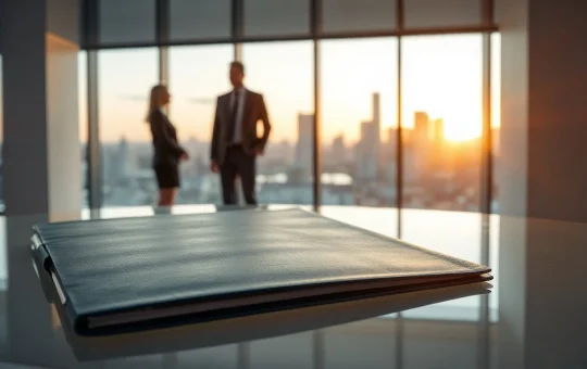 A blue patent folder with blockchain network design on a glass table in a modern office, with blurred professionals in background.