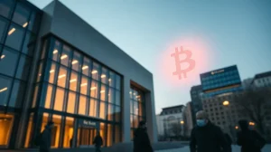 Citi bank building with a glowing Bitcoin symbol in the sky, representing institutional crypto custody launch