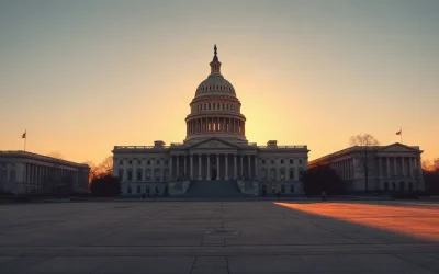 U.S. Capitol building with digital network lines overhead, representing crypto regulation debate