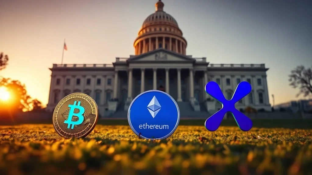 Bitcoin, Ethereum, and XRP coins on the steps of the US Capitol at sunset, representing crypto regulation debate.