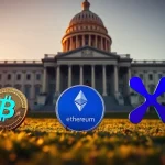 Bitcoin, Ethereum, and XRP coins on the steps of the US Capitol at sunset, representing crypto regulation debate.