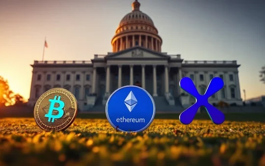 Bitcoin, Ethereum, and XRP coins on the steps of the US Capitol at sunset, representing crypto regulation debate.