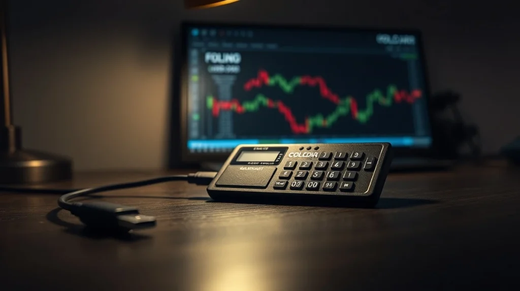 COLDCARD hardware wallet on a desk with a blurred computer screen in the background