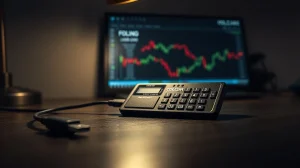 COLDCARD hardware wallet on a desk with a blurred computer screen in the background
