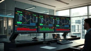 Professional trading monitors displaying cryptocurrency order book depth charts in a modern office