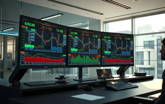 Professional trading monitors displaying cryptocurrency order book depth charts in a modern office