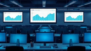 Newsroom monitors showing declining traffic charts and a search results page, illustrating crypto media de-indexing.