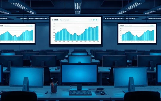 Newsroom monitors showing declining traffic charts and a search results page, illustrating crypto media de-indexing.