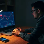 Person reviewing a cryptocurrency dashboard on a laptop in a dimly lit office, illustrating the urgency of preserving evidence after a scam.
