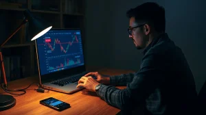 Person reviewing a cryptocurrency dashboard on a laptop in a dimly lit office, illustrating the urgency of preserving evidence after a scam.