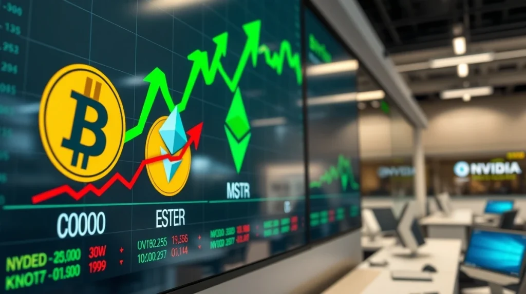 Stock display board showing crypto stocks rising against chip stocks in a trading floor setting