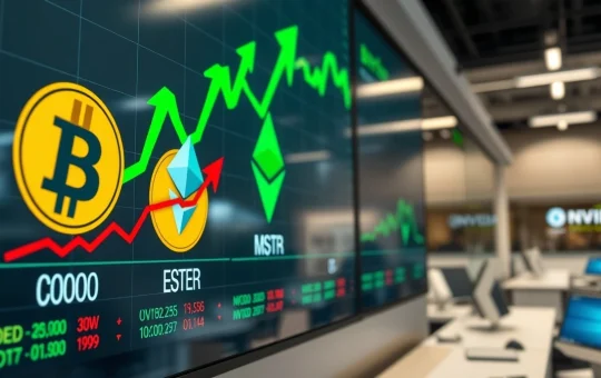 Stock display board showing crypto stocks rising against chip stocks in a trading floor setting