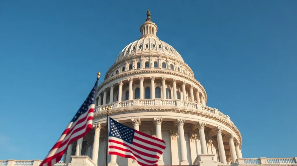 U.S. Capitol Building with American flag in foreground on a clear day