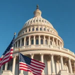 U.S. Capitol Building with American flag in foreground on a clear day