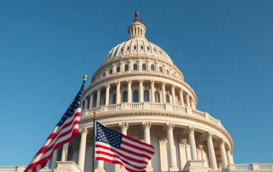U.S. Capitol Building with American flag in foreground on a clear day