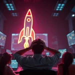Trader silhouette facing a glowing rocket sign and trading screens in a dark room, representing memecoin speculation on Solana