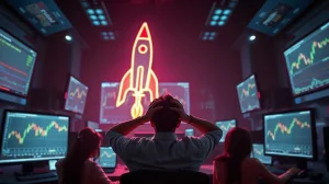 Trader silhouette facing a glowing rocket sign and trading screens in a dark room, representing memecoin speculation on Solana