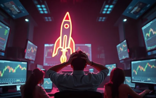 Trader silhouette facing a glowing rocket sign and trading screens in a dark room, representing memecoin speculation on Solana
