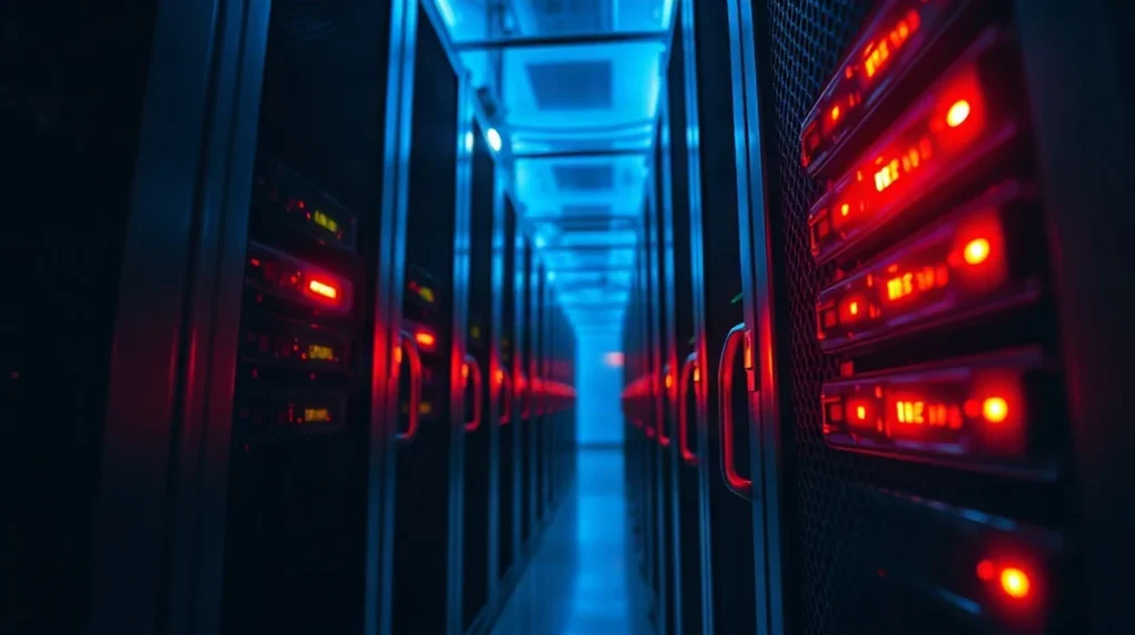 Server rack with red warning lights in a dim data center illustrating security vulnerabilities in crypto exchange acquisitions.