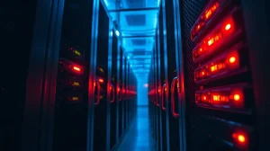 Server rack with red warning lights in a dim data center illustrating security vulnerabilities in crypto exchange acquisitions.