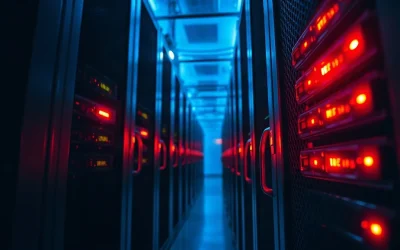 Server rack with red warning lights in a dim data center illustrating security vulnerabilities in crypto exchange acquisitions.
