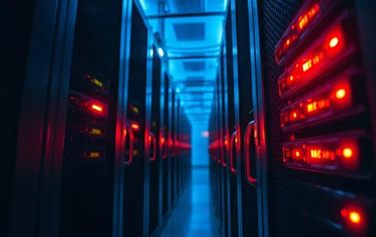Server rack with red warning lights in a dim data center illustrating security vulnerabilities in crypto exchange acquisitions.