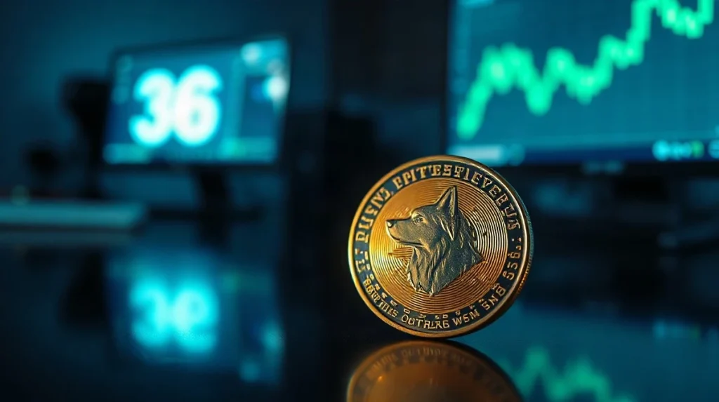 A glowing Dogecoin coin on a dark trading desk with a subtle green chart in the background.