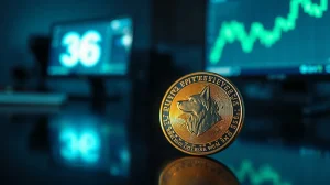 A glowing Dogecoin coin on a dark trading desk with a subtle green chart in the background.