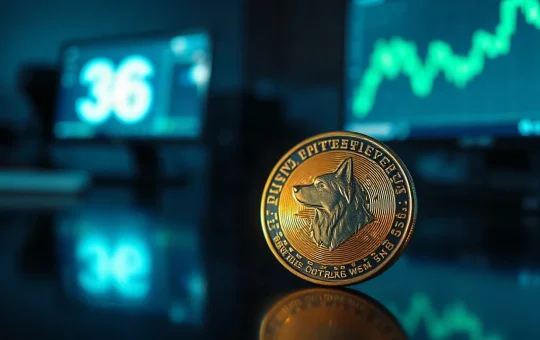 A glowing Dogecoin coin on a dark trading desk with a subtle green chart in the background.