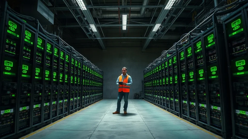 Interior of a Bitcoin mining facility with some ASIC rigs powered off, representing the industry profitability squeeze.